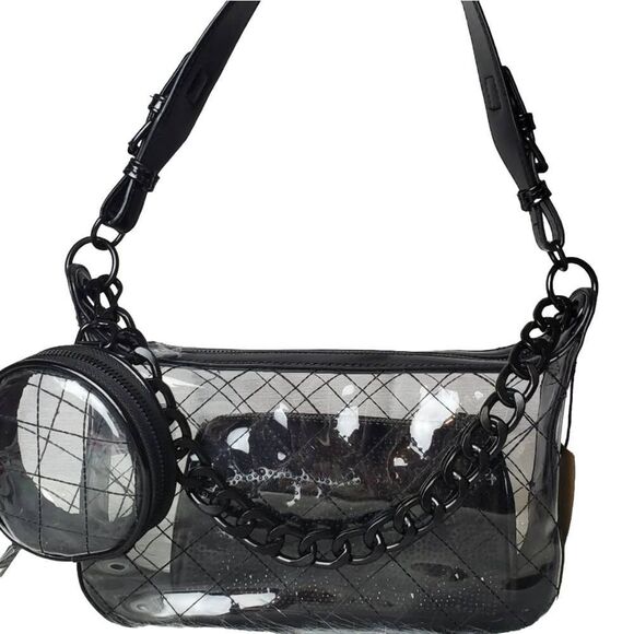 Steve Madden Clear/Black Crossbody Bag w/ Rhinestone Pouch & Round Coin Wallet - Picture 10 of 11